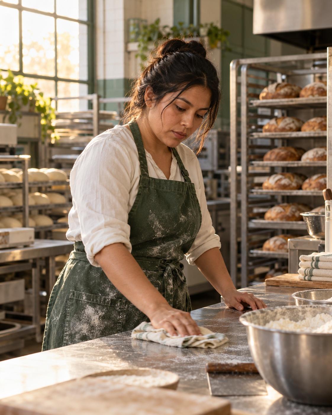 A bakery worker prepares a clean station before the morning shift