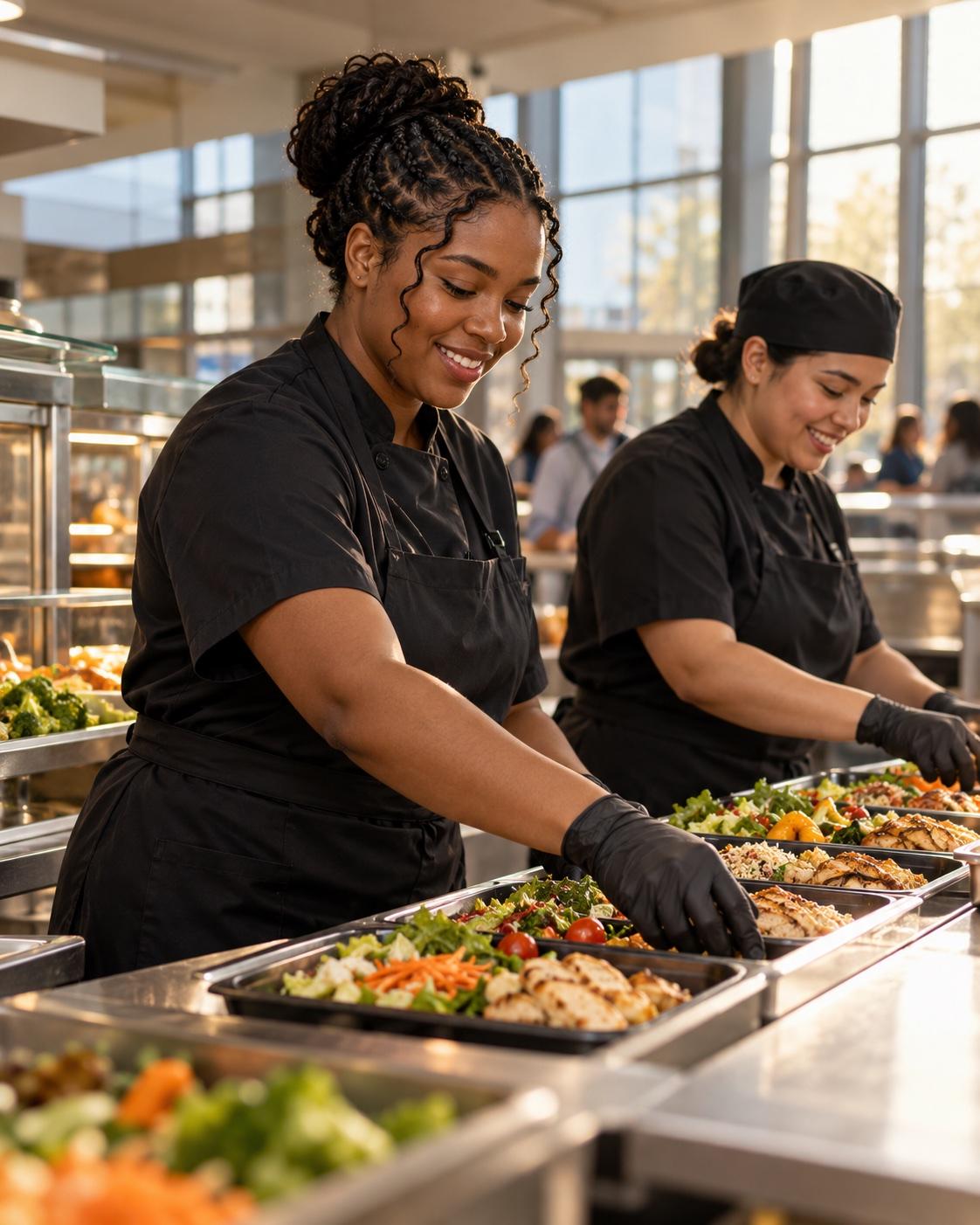 Campus dining coworkers prepare the lunch service together