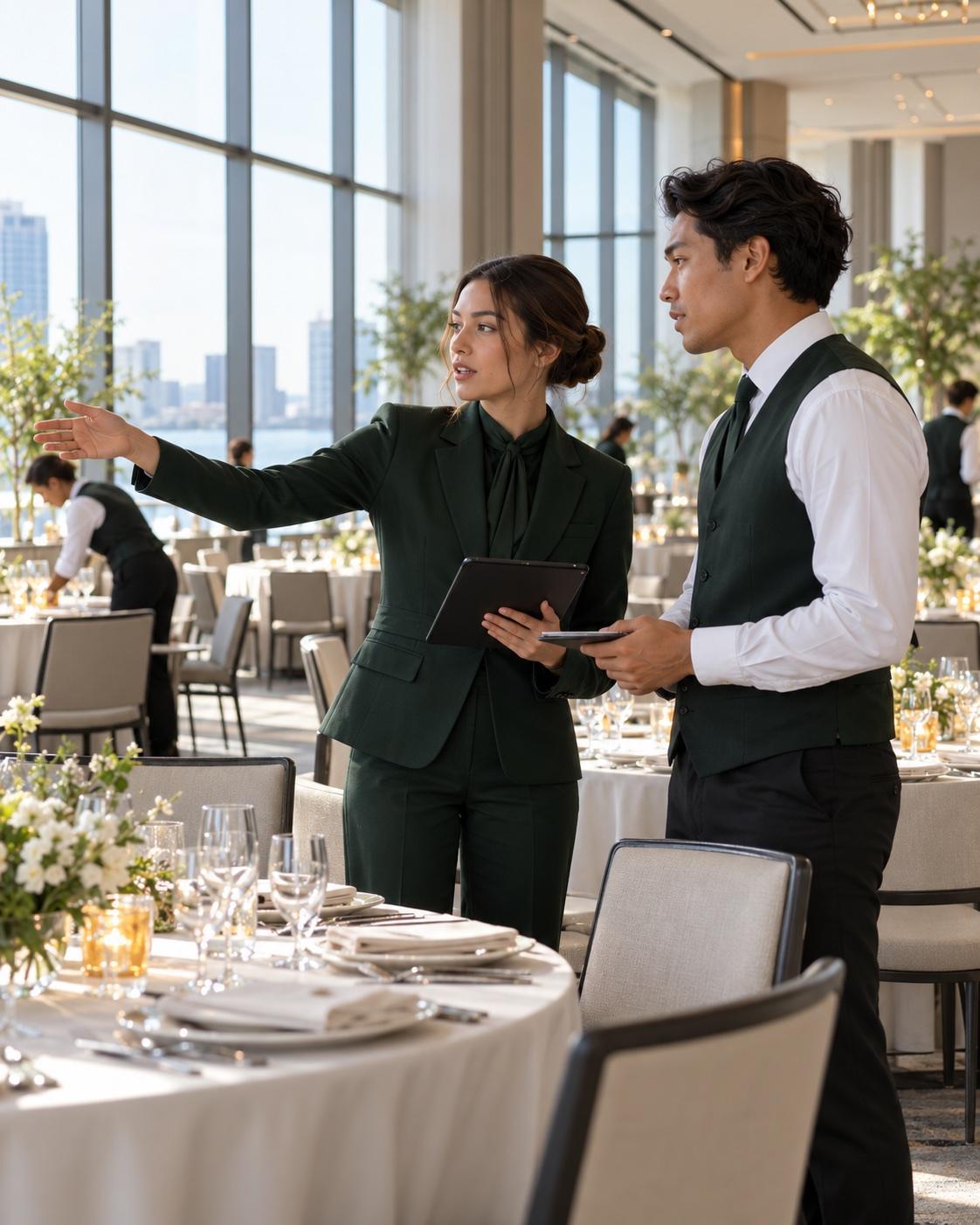 An event floor captain coordinates a room setup with a colleague