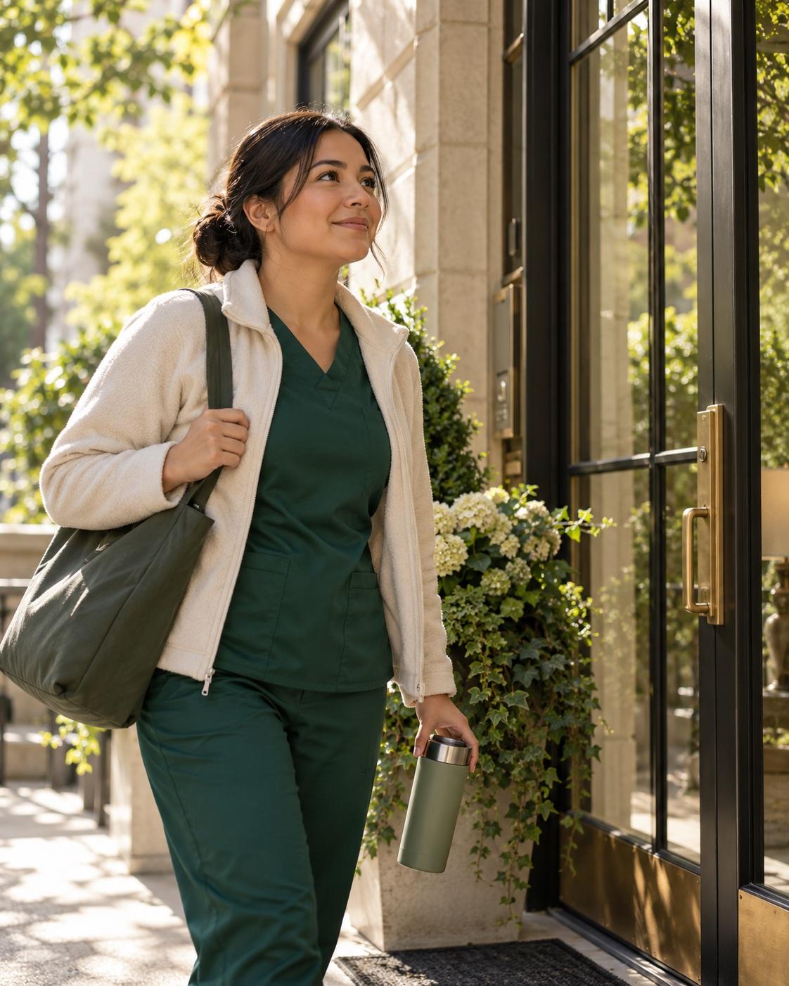A home health aide reviews a work detail on her phone