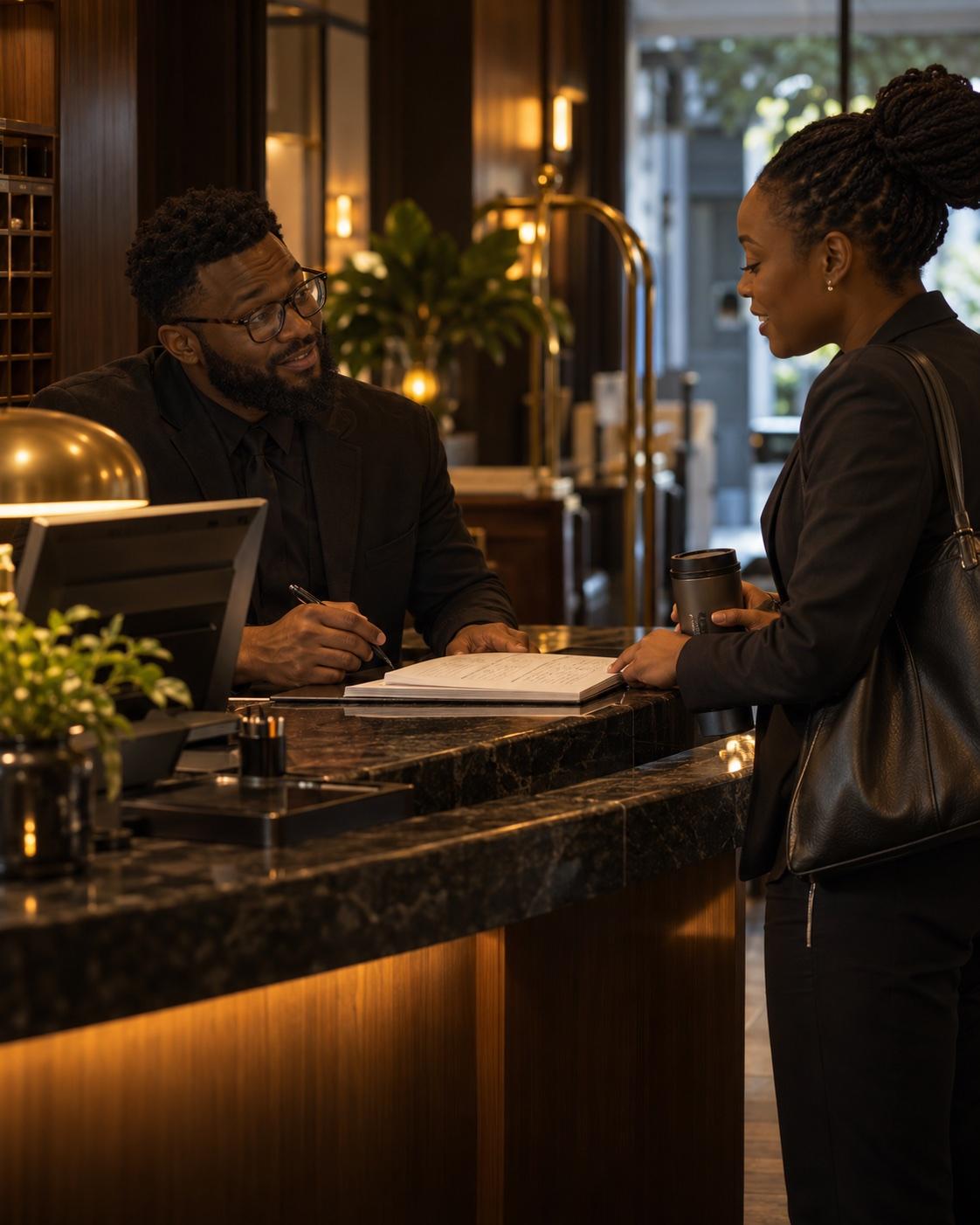 Hotel colleagues review a handoff at the front desk