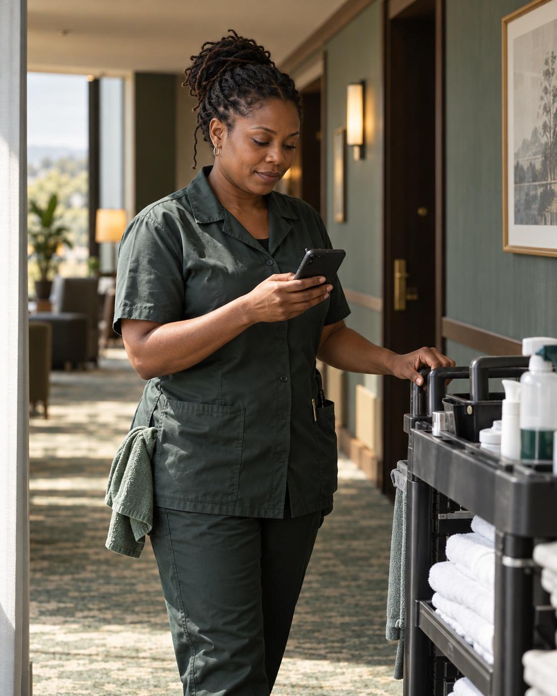 A hotel maintenance technician checks her next task on a phone