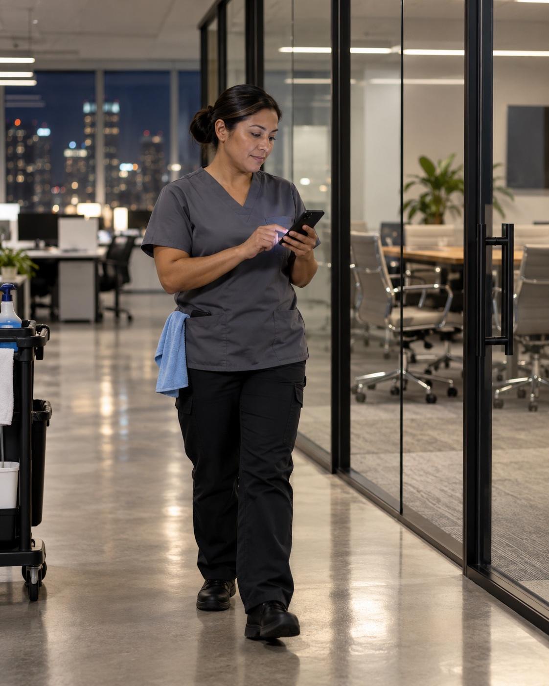 An overnight office crew lead checks the completed work