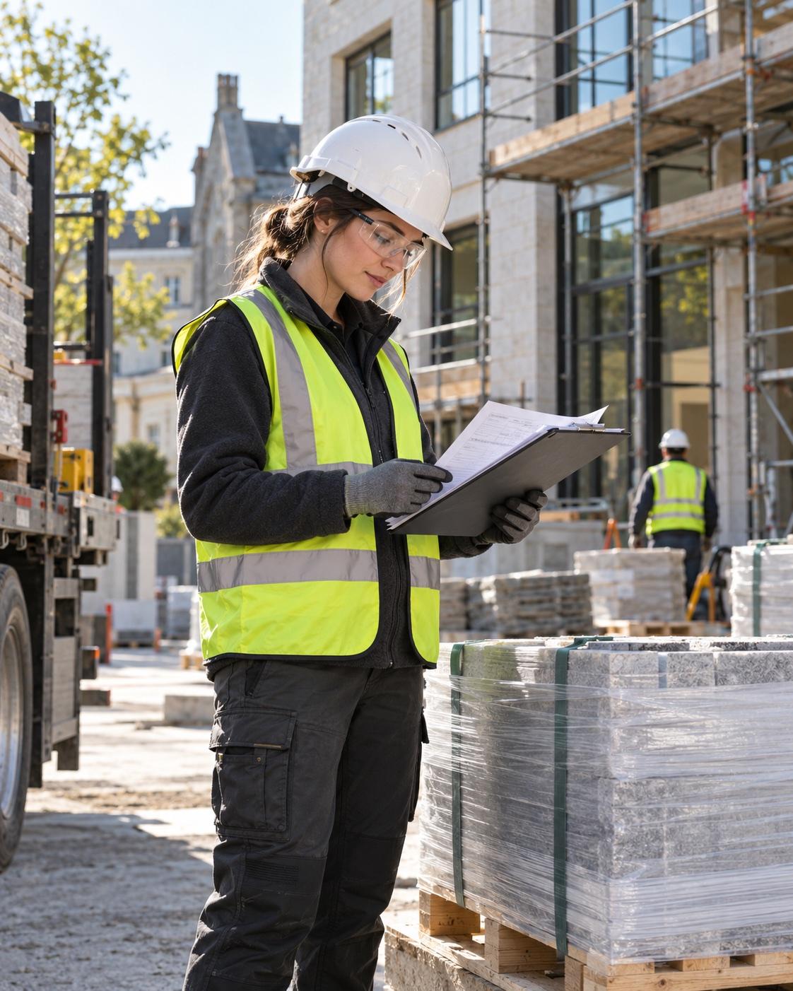A site coordinator checks a delivery at a renovation project