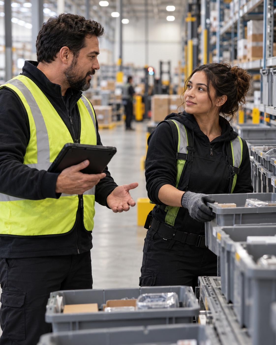 A warehouse lead and picker review a shift handoff