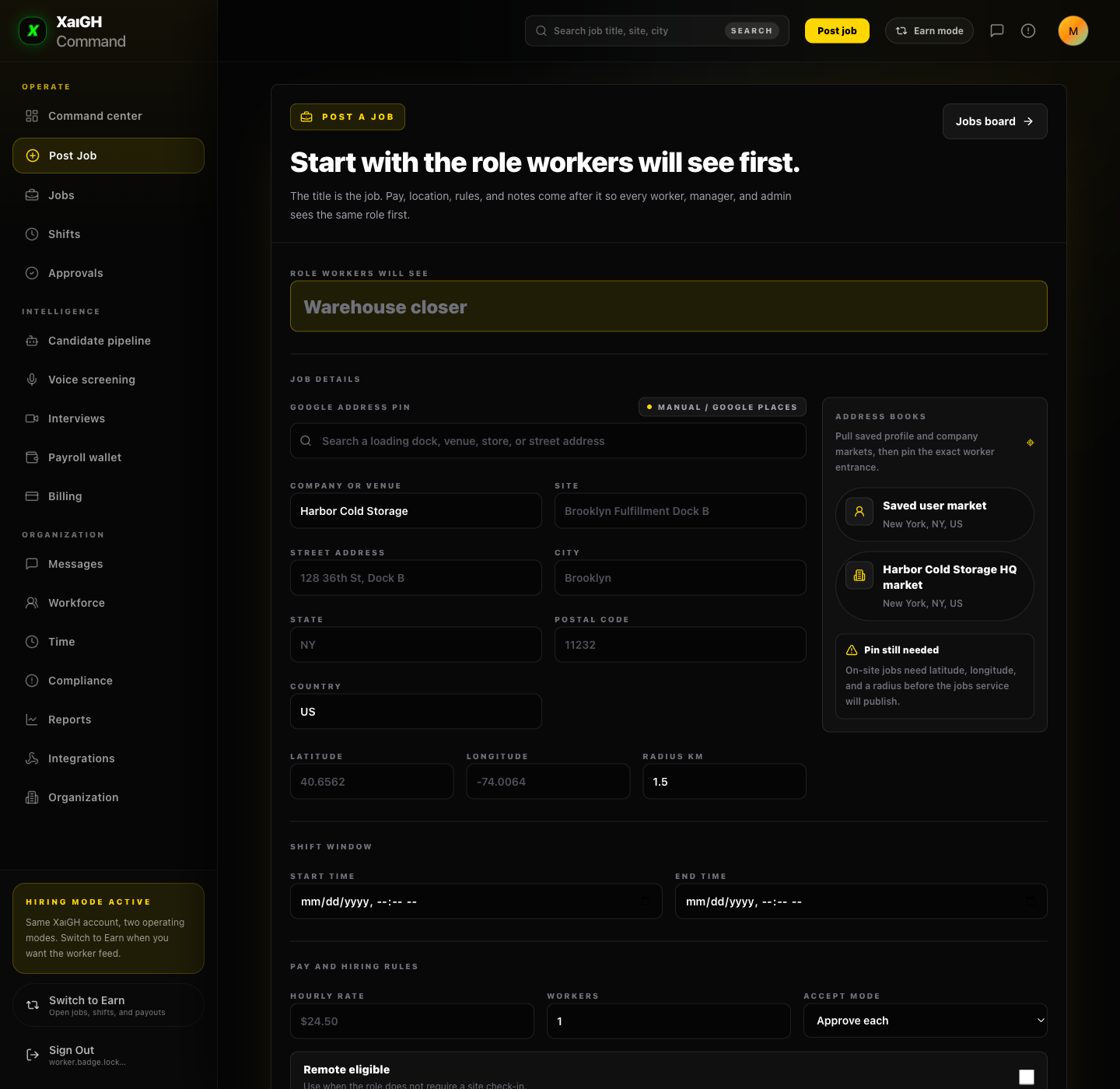 Full-page XaiGH employer dashboard with post-job controls, navigation, and shift setup