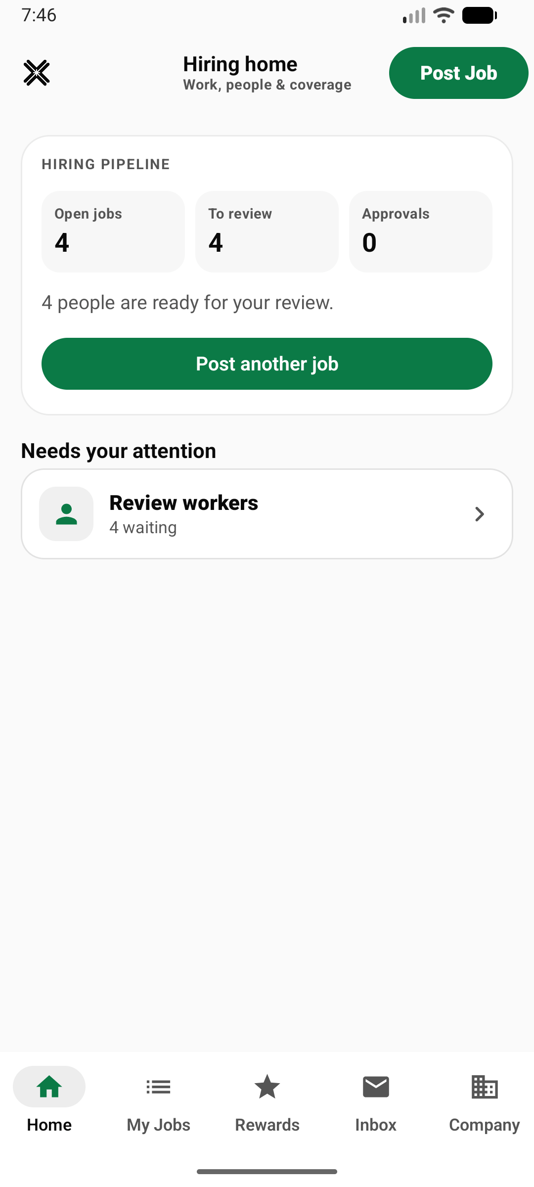 Xaigh Android Hiring Home screen with open jobs, people to review, and approval status